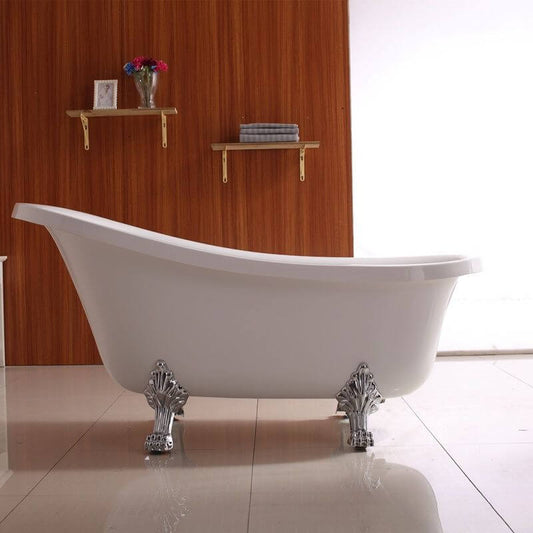 White clawfoot bathtub with single slipper design, oval shape, and soaking bath therapy features