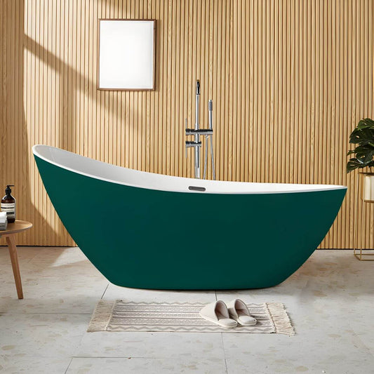 White contemporary freestanding acrylic soaking bathtub with oval slipper design, 59 by 31.5 inches