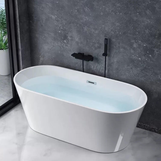 White acrylic 63-inch oval soaking bathtub designed for single-person use main product image
