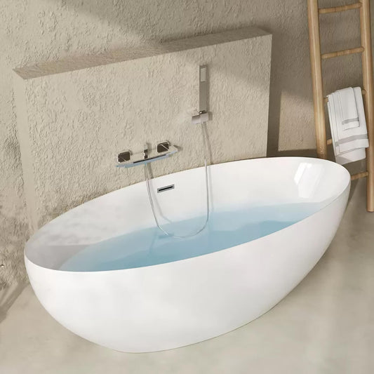 White acrylic 63-inch oval soaking bathtub designed for single-person use main product image