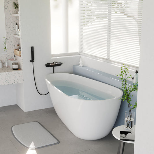 White 67-inch egg-shaped acrylic bathtub designed for single soak comfort main product image