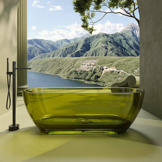 Oval-shaped Ink Resin freestanding bathtub with handle, roll top, and compression faucet, 51 by 28 inches