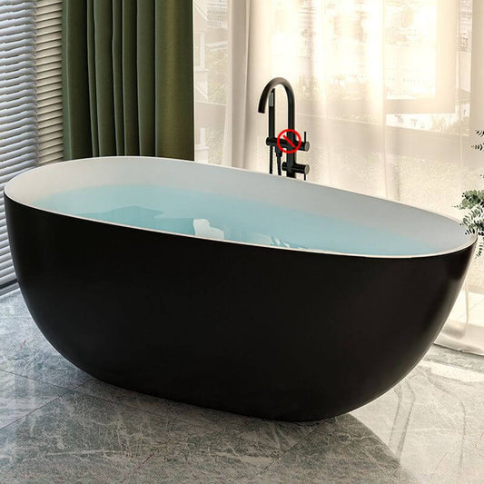 Matte black freestanding roll top oval bathtub in casual plexiglass soaking style, 51 by 27.5 inches