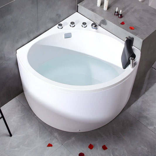 Modern white acrylic corner bathtub, 25.59 inches tall, right-side design with silver 4-piece set main product image