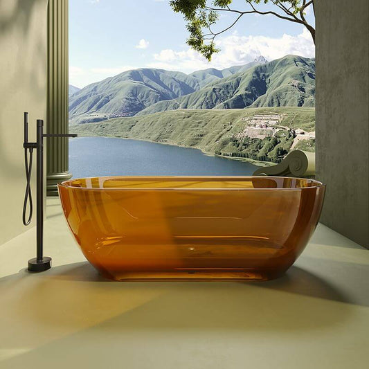 Oval-shaped Ink Resin freestanding bathtub with handle, roll top, and compression faucet, 51 by 28 inches