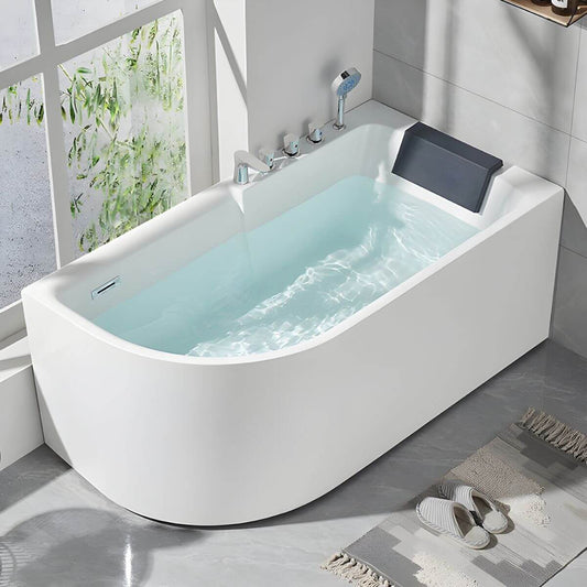 White acrylic corner soaking bathtub with non-slip surface and deck faucets, left drain, 47 by 30 inches main product image