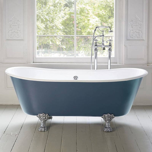 Blue-white clawfoot bathtub with porcelain enameled cast iron and roll top, oval shape for soaking therapy main product image