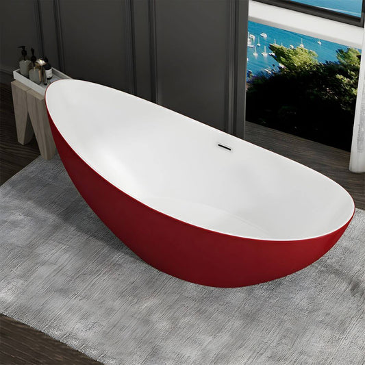 White modern freestanding acrylic soaking slipper bathtub with anti-overflow design, 71 by 31 by 24 inches