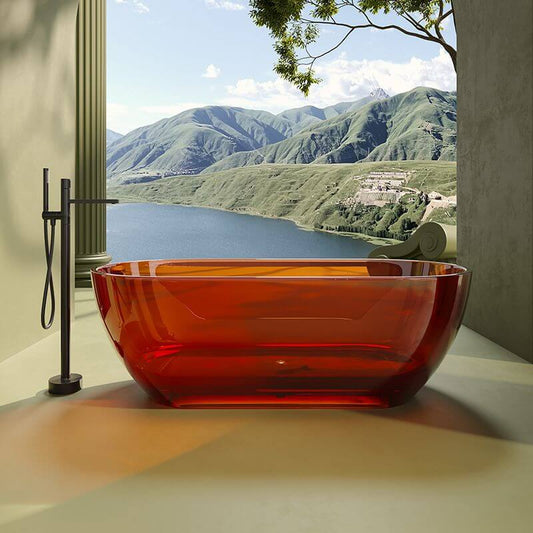 Oval-shaped Ink Resin freestanding bathtub with handle, roll top, and compression faucet, 51 by 28 inches