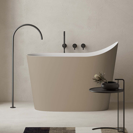 Light brown freestanding Japanese soaking bathtub made of stone resin, 43 inches deep and modern design main product image