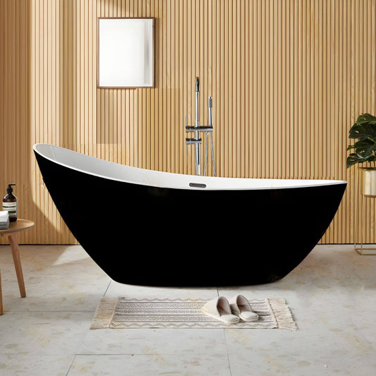 White contemporary freestanding acrylic soaking bathtub with oval slipper design, 59 by 31.5 inches