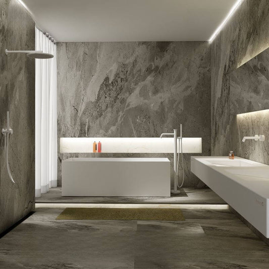 Freestanding coal stone bathtub with rectangle casual back-to-wall soaking design