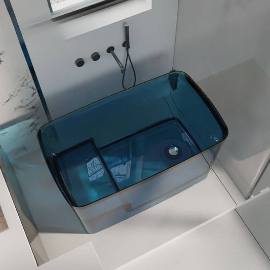 Freestanding ink resin bathtub with seat, rectangular design, simplistic back-to-wall soaking tub