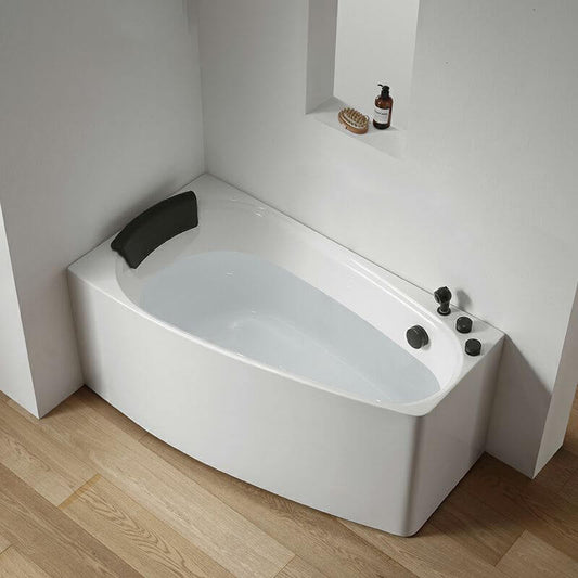 White acrylic corner bathtub with back-to-wall design and deck faucets, 47 by 27 inches main product image