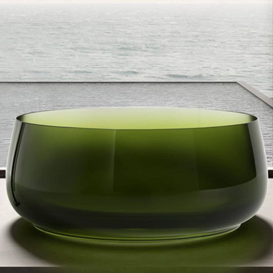 Freestanding circular resin bathtub with roll top design for casual soaking