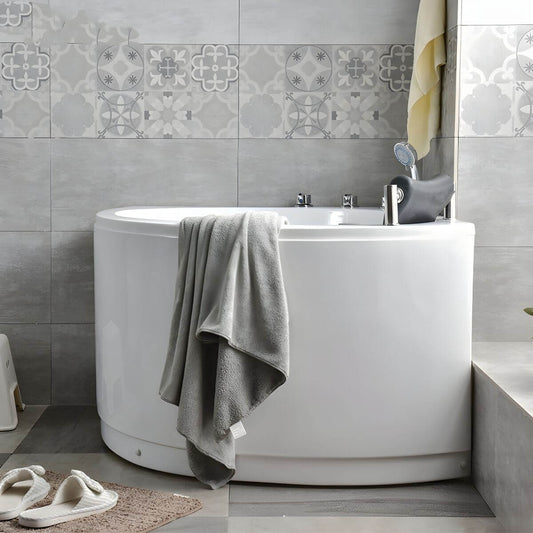 Modern acrylic corner soaking bathtub with drain and overflow trim, left drain, 42 by 35 inches main product image