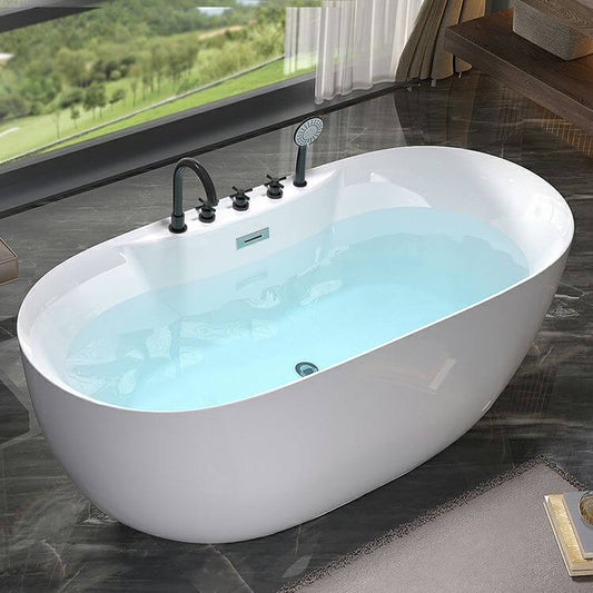 Oblong freestanding soaking bathtub in chalk polymethyl methacrylate with roll top, handle, and cartridge faucet main product image