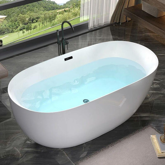 Oblong freestanding soaking bathtub in chalk polymethyl methacrylate with roll top, handle, and cartridge faucet