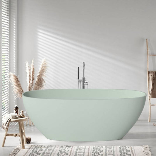 Stone oblong freestanding bathtub with antiqued wood distressing, roll top, valve, and overflow hole