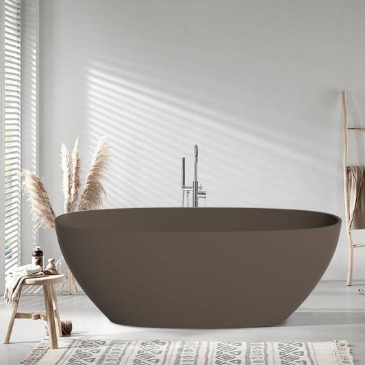 Stone oblong freestanding bathtub with antiqued wood distressing, roll top, valve, and overflow hole