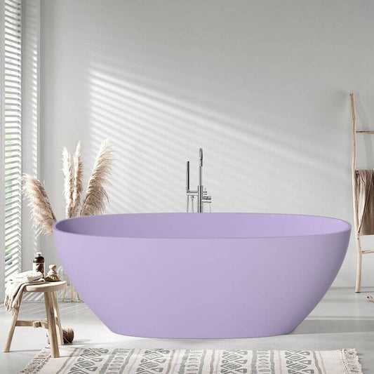 Stone oblong freestanding bathtub with antiqued wood distressing, roll top, valve, and overflow hole