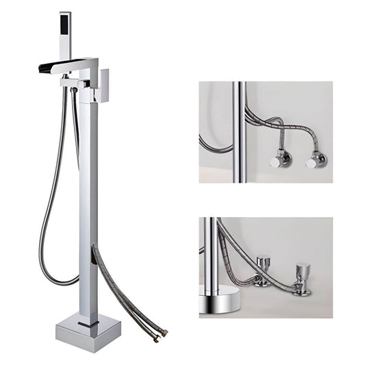 Copper floor-mounted bathtub faucet with hand shower and volume control for elegant bathroom