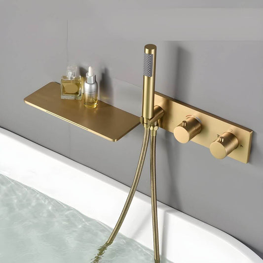 Copper wall mounted bathtub faucet with waterfall spout and hand shower for modern bathrooms