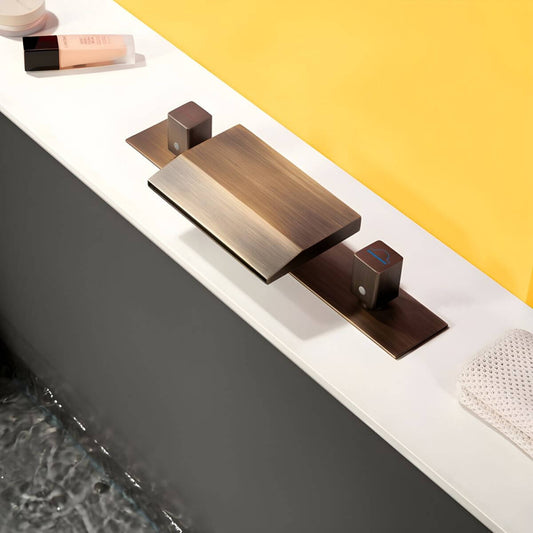 Roman copper bathtub faucet with waterfall spout and hand shower, elegant design