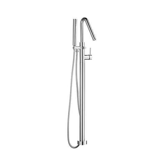Chrome floor-mounted bathtub faucet with hand shower and included valve for modern bathrooms