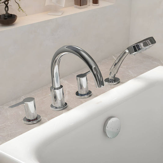 Chrome Roman bathtub faucet set with hand shower and valve, counter mounted with 4 holes main product image
