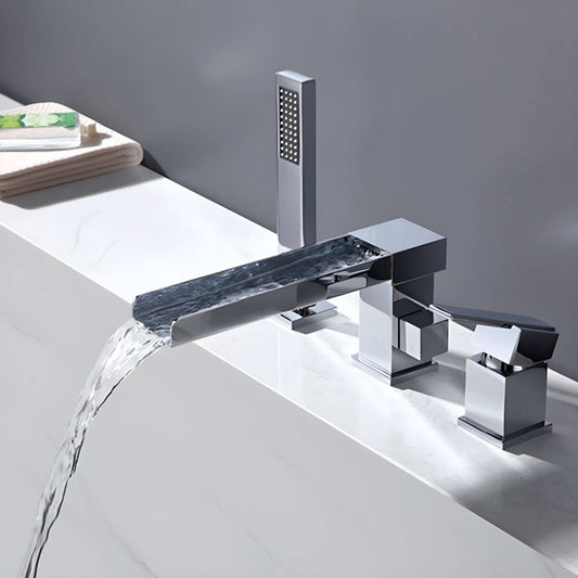 Counter-mounted Roman bathtub faucet set with hand shower, waterfall spout, and valve included