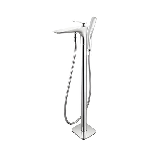 Floor mounted bathtub faucet with single handle, valve, and trims for modern free standing tubs