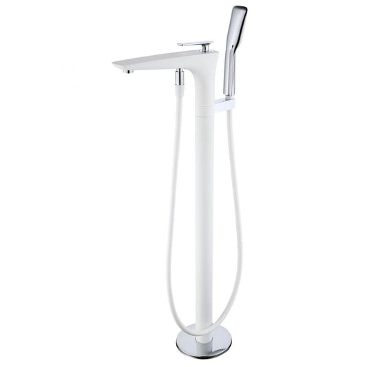 Copper floor-mounted bathtub faucet with swivel spout, hand shower, and valve for modern bathrooms