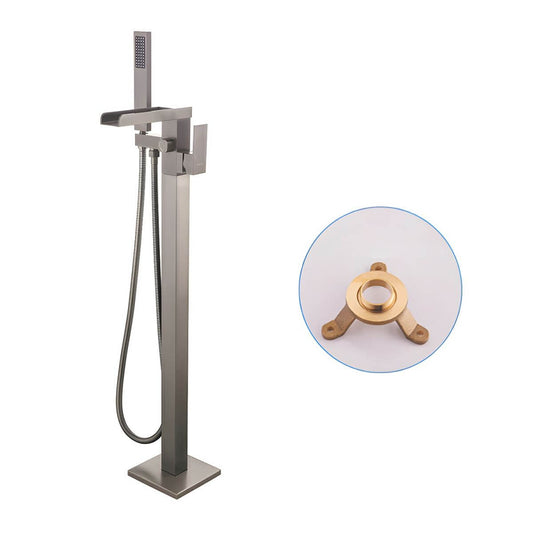Copper floor-mounted bathtub faucet with swivel spout, waterfall feature, hand shower, and valve
