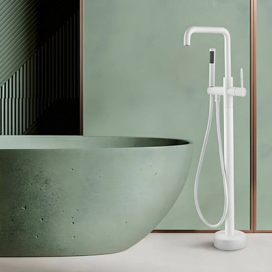 White modern free standing copper bathtub faucet with hand shower for stylish bathroom main product image