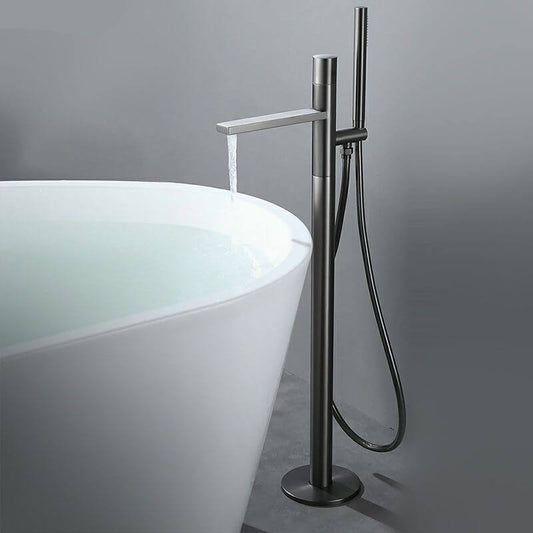 Free standing copper bathtub faucet in modern grey with valve, hand shower, and knob handles main product image