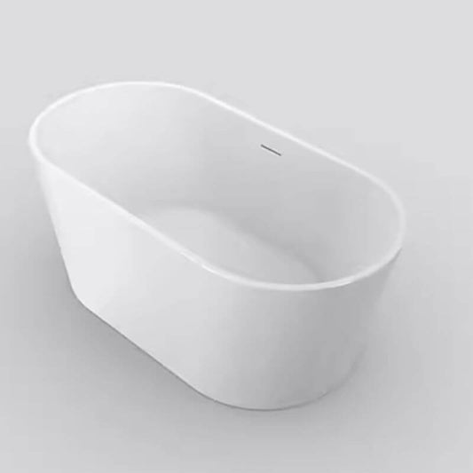 Elliptical freestanding polymer bathtub with roll top, perfect for soaking in a modern bathroom