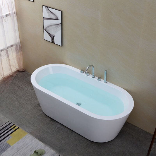 White elliptical freestanding soaking bathtub with roll top and cartridge faucet