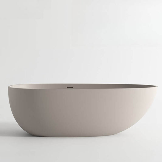 Elliptical freestanding stone bathtub with roll top soaking design and overflow hole