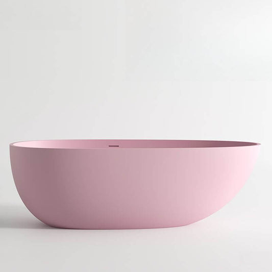 Elliptical freestanding stone bathtub with roll top soaking design and overflow hole