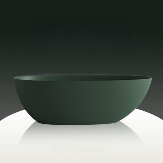 Oval freestanding bathtub with modern stone finish and roll top soaking design