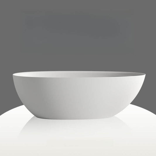 Oval freestanding bathtub with modern stone finish and roll top soaking design