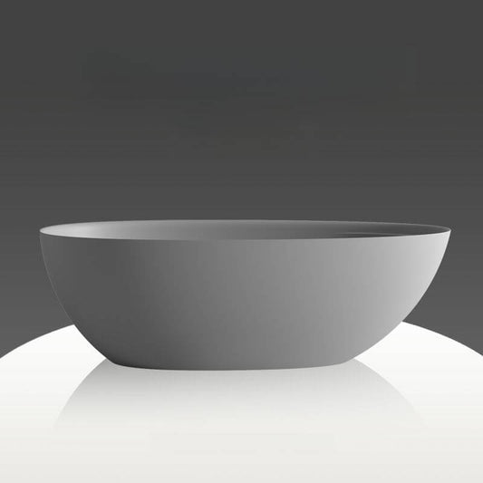 Oval freestanding bathtub with modern stone finish and roll top soaking design