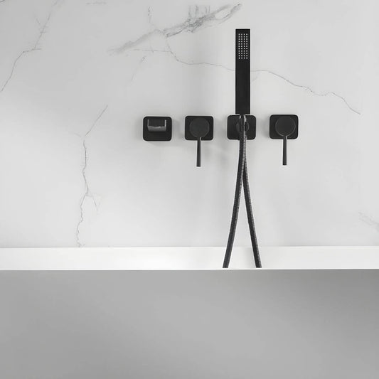 Black wall-mounted bathtub faucet with hand shower, brass finish, measuring 5.5cm by 22.8cm main product image