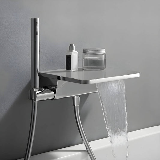 Chrome wall-mounted bathtub spout with waterfall faucet, hand shower, and valve included main product image