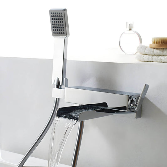 Chrome wall-mounted Roman bathtub faucet with waterfall design and included valve main product image