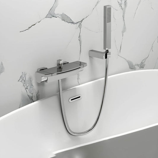 Copper wall-mounted bathtub faucet with single handle and metal accent for modern bathrooms