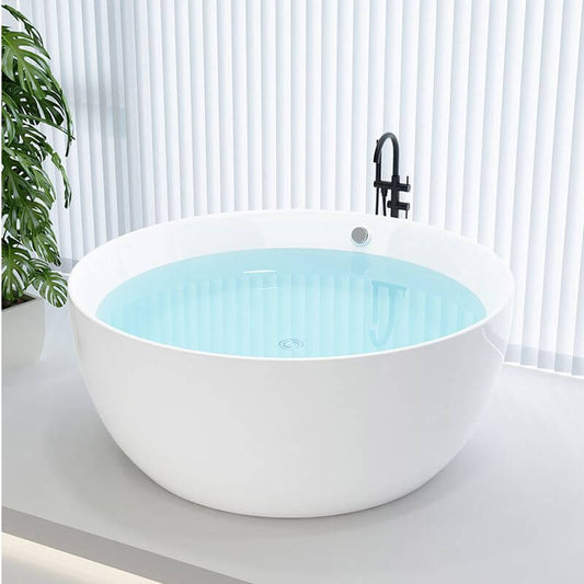 White circular roll top freestanding bathtub with optional 3 or 2 handles, valve, and cartridge faucet main product image
