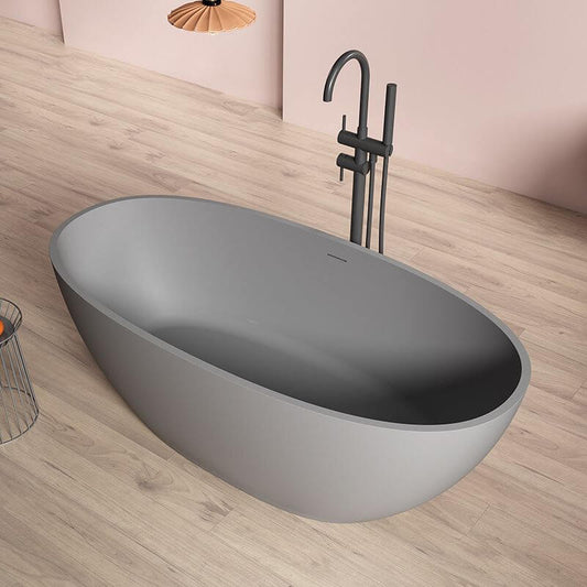 Freestanding oval stone soaking bathtub with roll top, two handles, and valve faucet main product image
