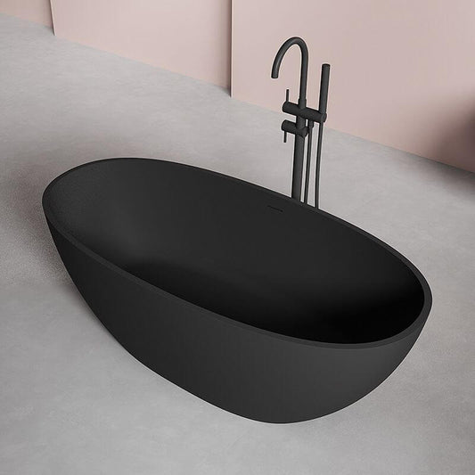 Freestanding oval stone soaking bathtub with roll top, two handles, and valve faucet